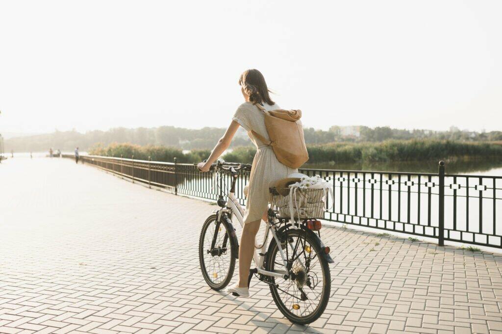 outdoor portrait attractive young brunette hat bicycle