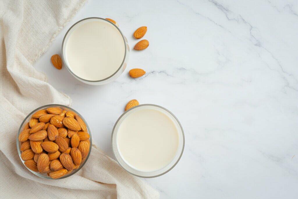 almond milk with almond marble background 1