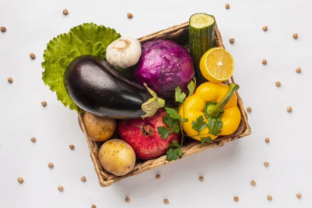 flat lay basket fresh vegetables