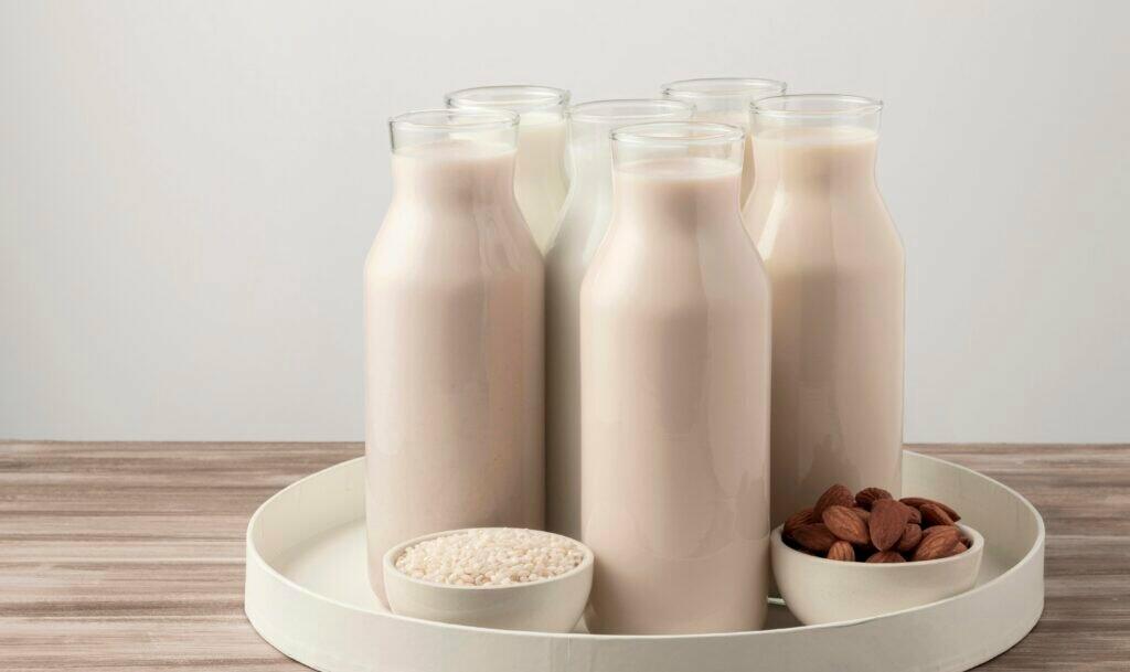 front view tray with different types milk bottles