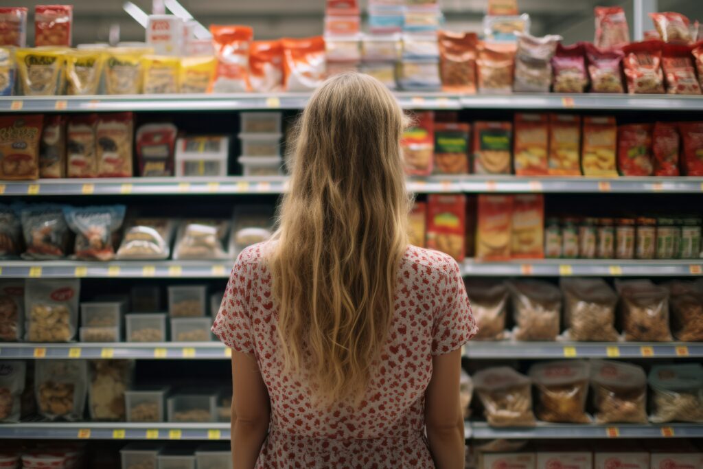 beautiful girl grocery store healthy food generative ai